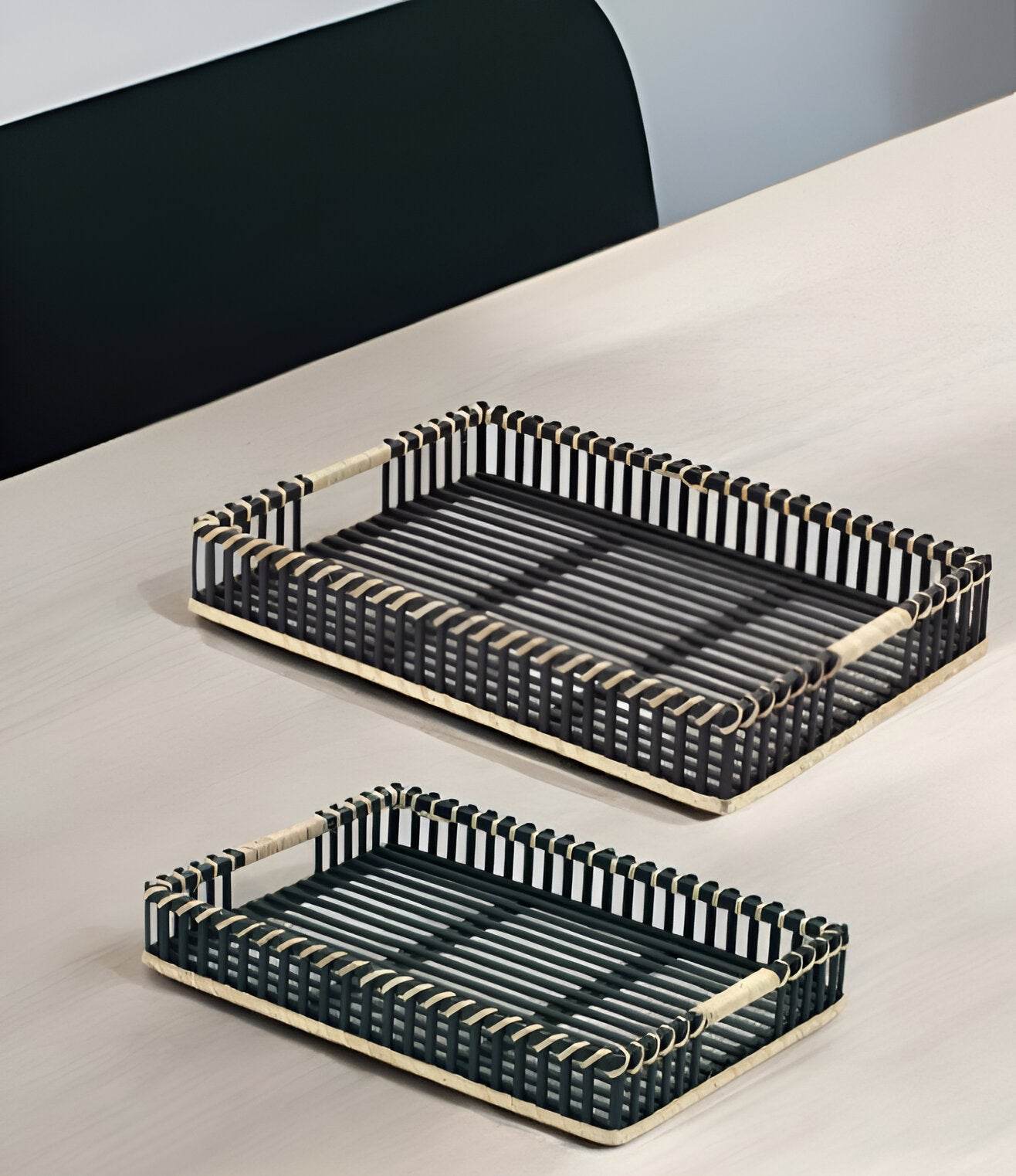 Set of Two Black Rectangular Solid Wood Serving Tray With Handles - Loft&Timber