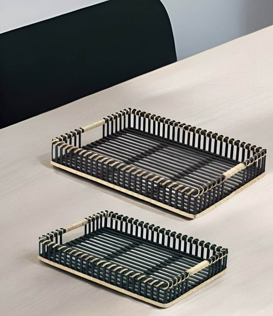 Set of Two Black Rectangular Solid Wood Serving Tray With Handles - Loft&Timber