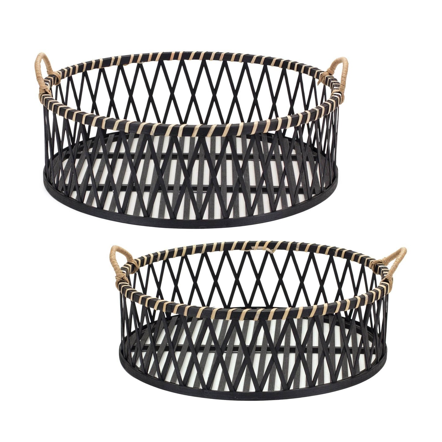 Set of Two Black and Tan Round Bamboo Serving Tray With Handles - Loft&Timber