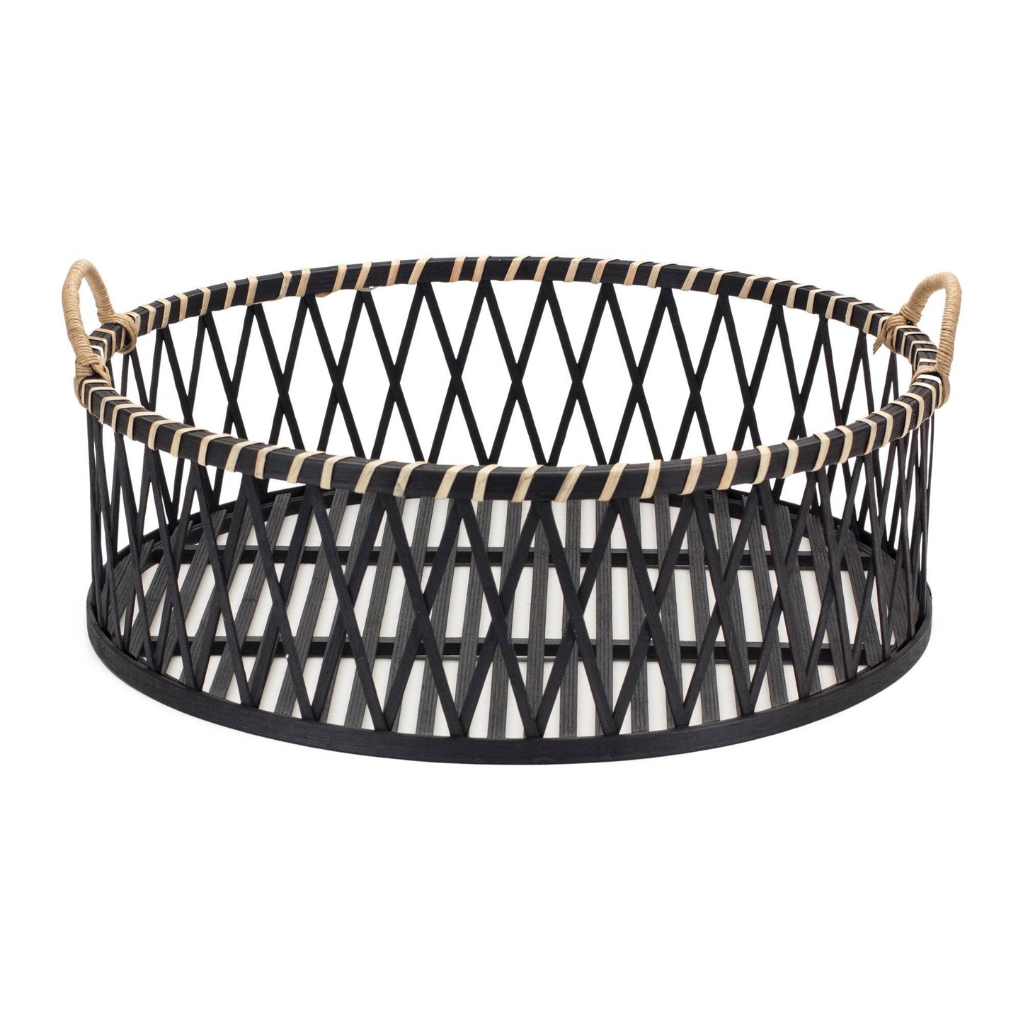 Set of Two Black and Tan Round Bamboo Serving Tray With Handles - Loft&Timber