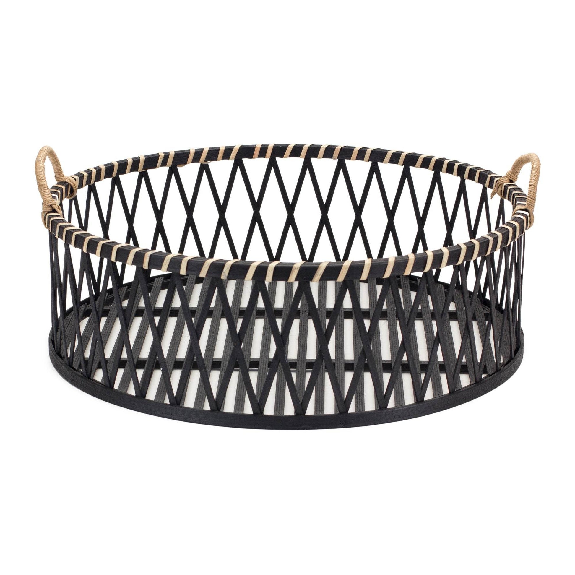 Set of Two Black and Tan Round Bamboo Serving Tray With Handles - Loft&Timber