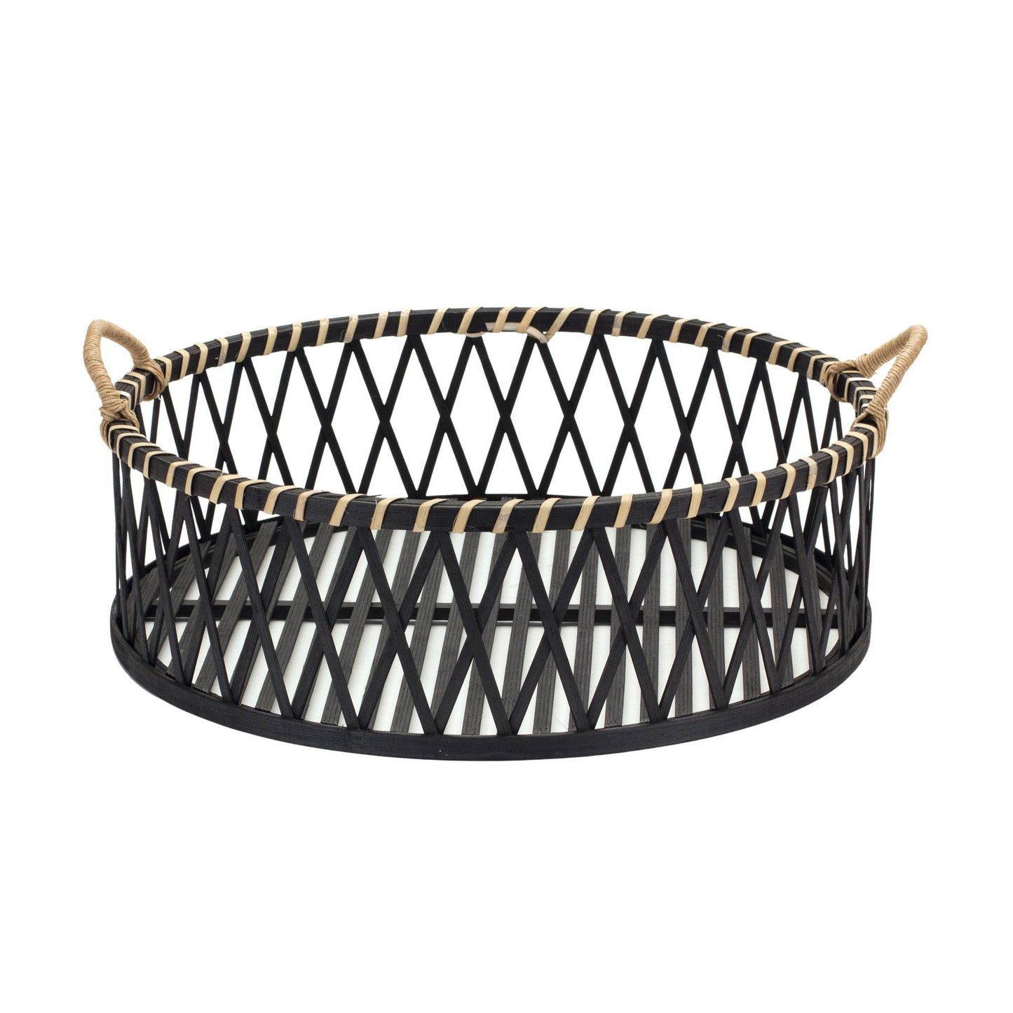 Set of Two Black and Tan Round Bamboo Serving Tray With Handles - Loft&Timber