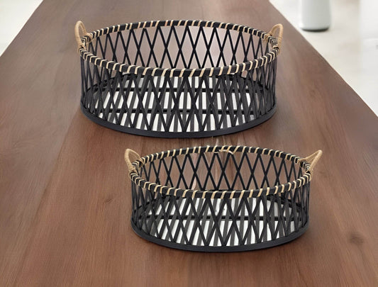 Set of Two Black and Tan Round Bamboo Serving Tray With Handles - Loft&Timber