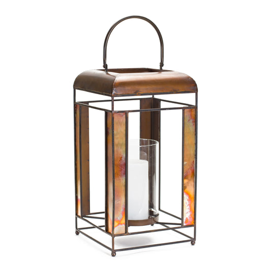 17" Bronze Distressed Geometric Metal And Glass Tabletop Lantern Candle Holder - Loft&Timber