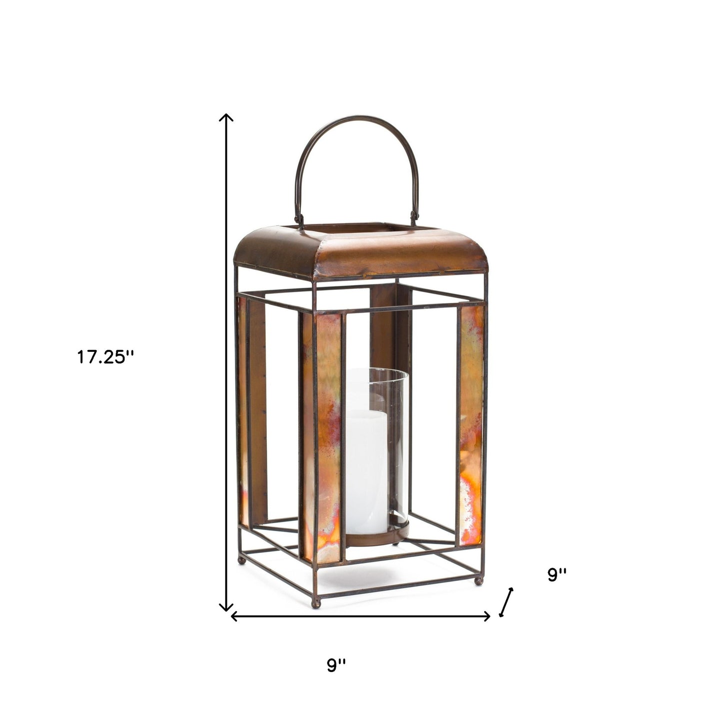 17" Bronze Distressed Geometric Metal And Glass Tabletop Lantern Candle Holder - Loft&Timber