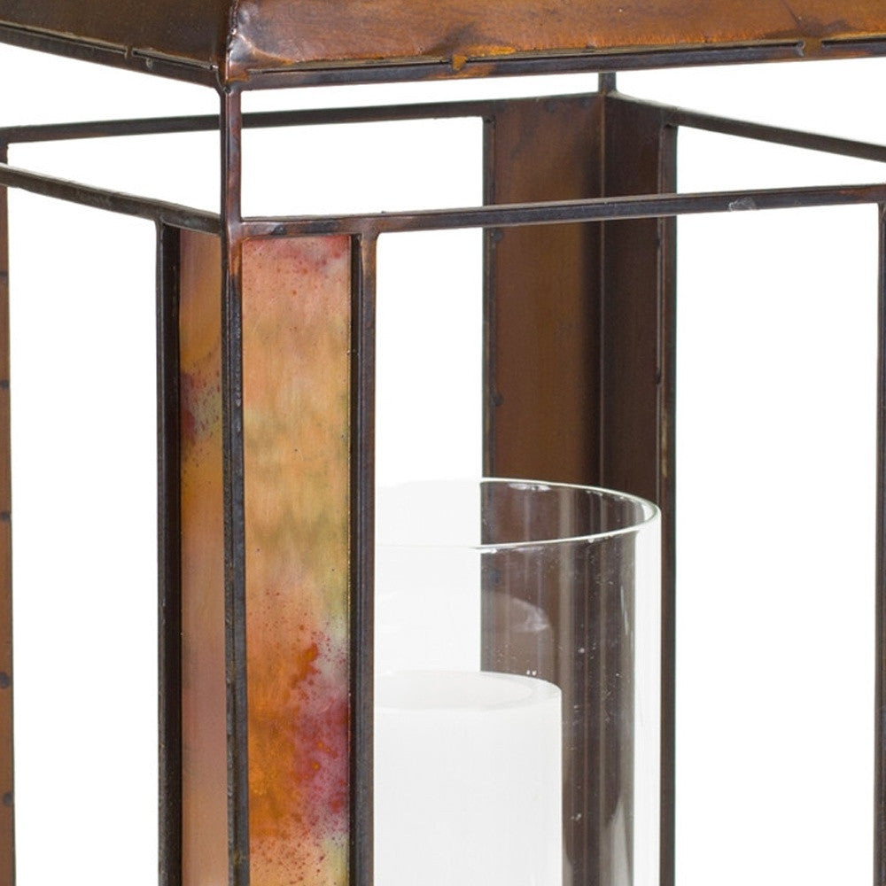 17" Bronze Distressed Geometric Metal And Glass Tabletop Lantern Candle Holder - Loft&Timber