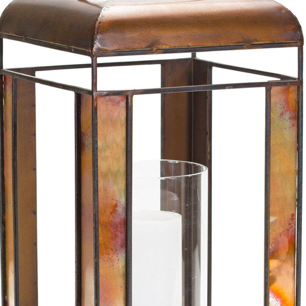 17" Bronze Distressed Geometric Metal And Glass Tabletop Lantern Candle Holder - Loft&Timber