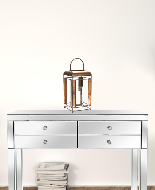 17" Bronze Distressed Geometric Metal And Glass Tabletop Lantern Candle Holder - Loft&Timber