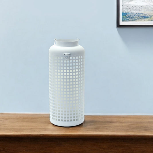 14" White Distressed Lattice Iron Floor Lantern Candle Holder - Loft&Timber