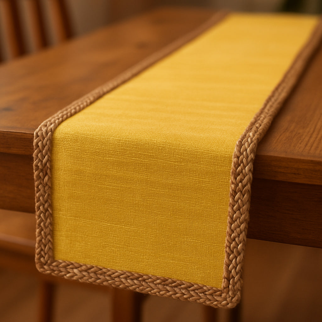 72" Yellow And Natural Cotton And Jute Table Runner - Loft&Timber