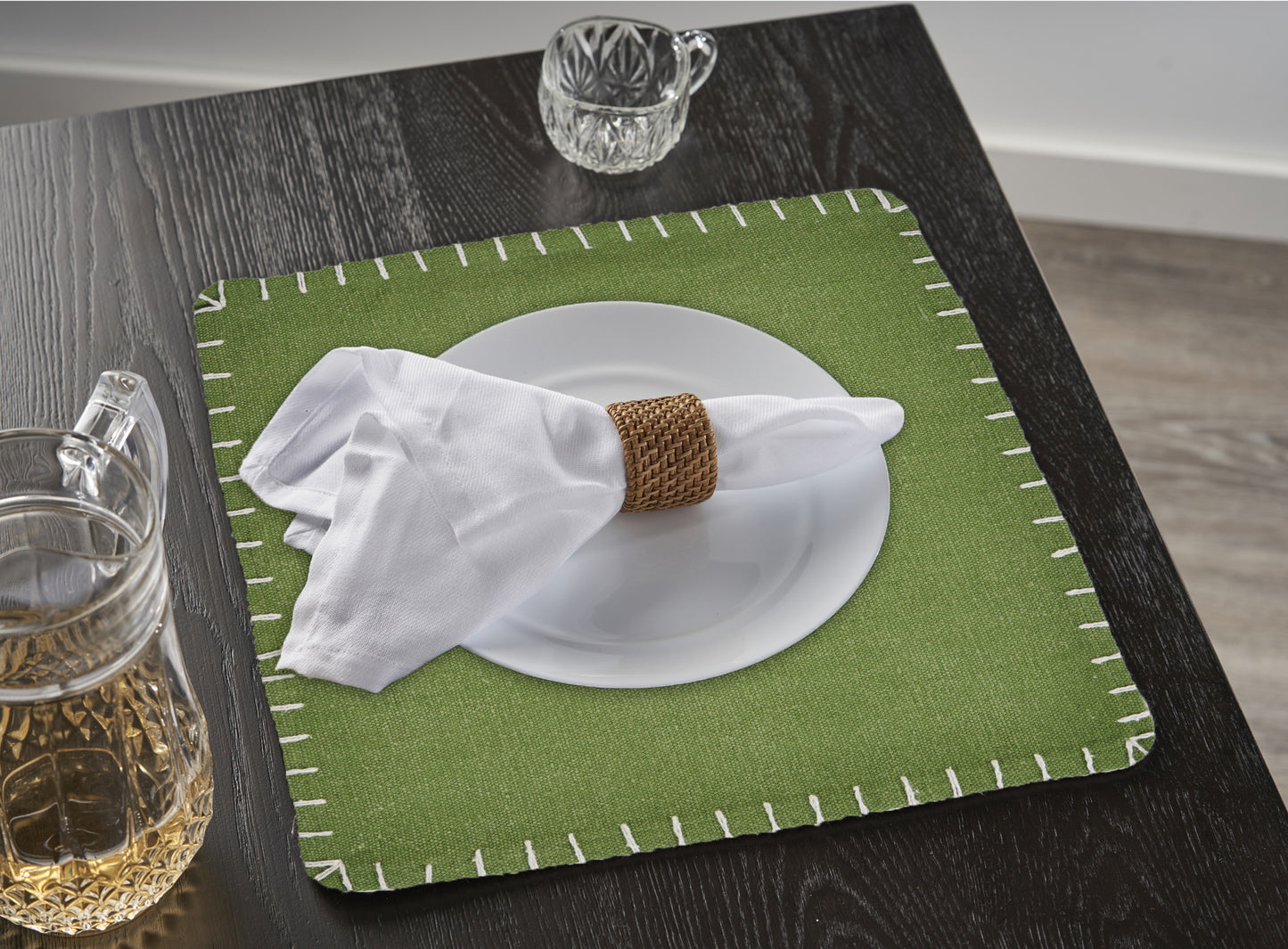 15" Set of Four Natural And Olive Green Embroidered Edge Cotton Square Placemats-5