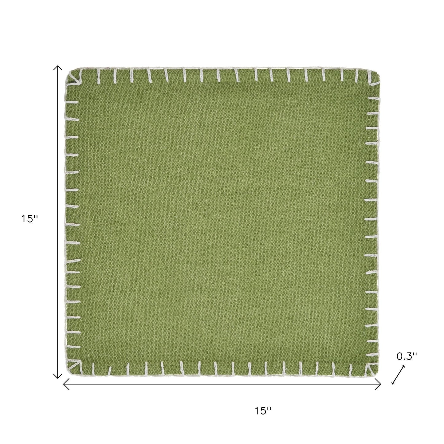 15" Set of Four Natural And Olive Green Embroidered Edge Cotton Square Placemats-6