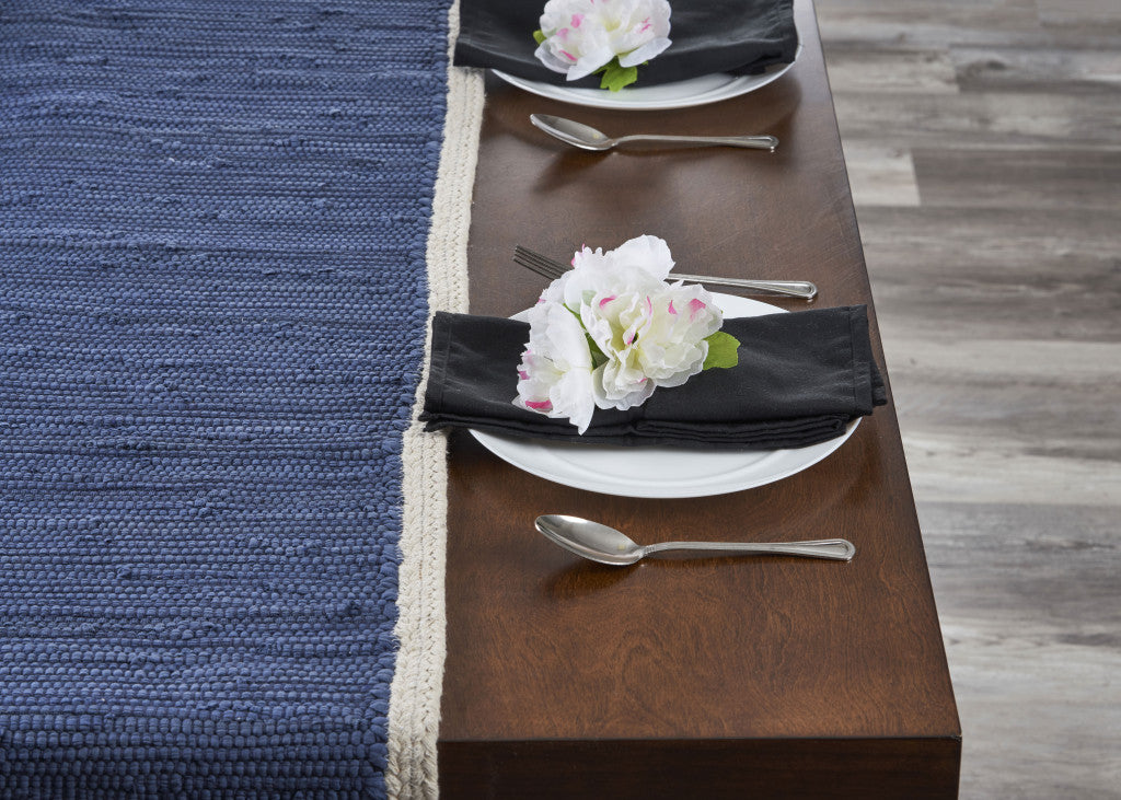 80" Navy Blue And Natural Solid With Border Cotton Table Runner - Loft&Timber