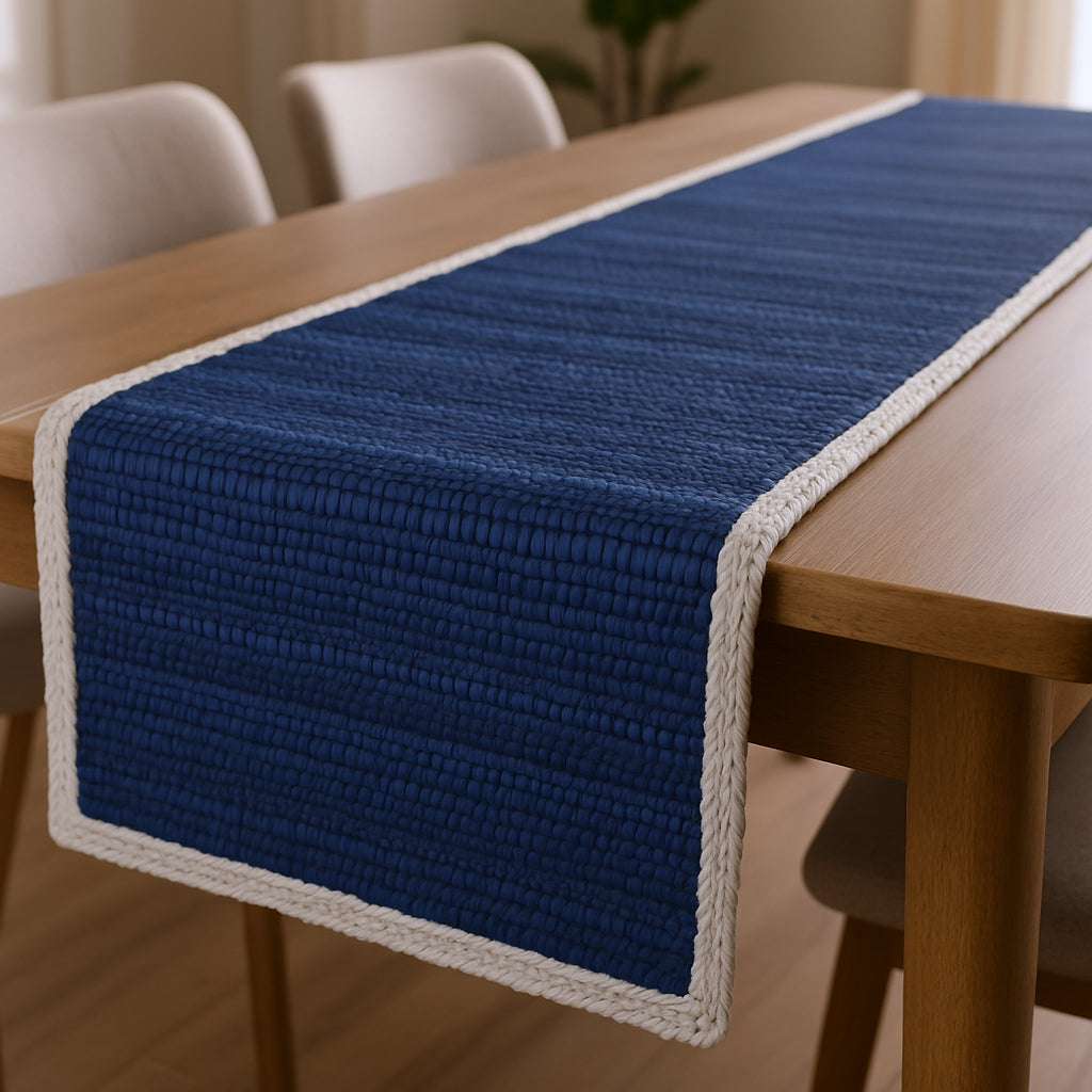 80" Navy Blue And Natural Solid With Border Cotton Table Runner - Loft&Timber