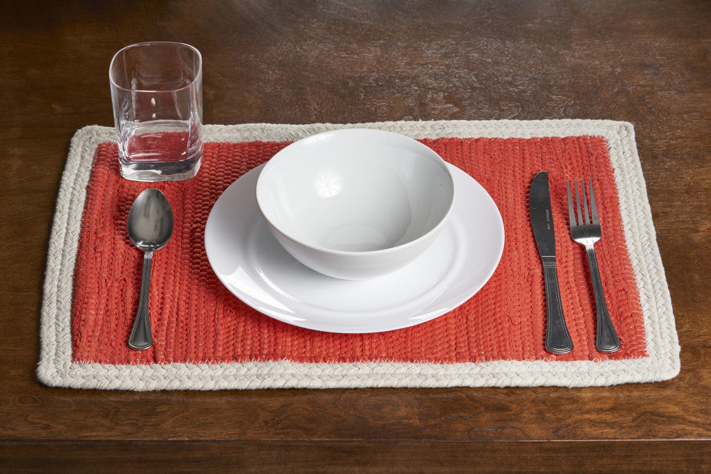 19" Set of Four Orange And Natural Solid With Border Cotton Placemats - Loft&Timber