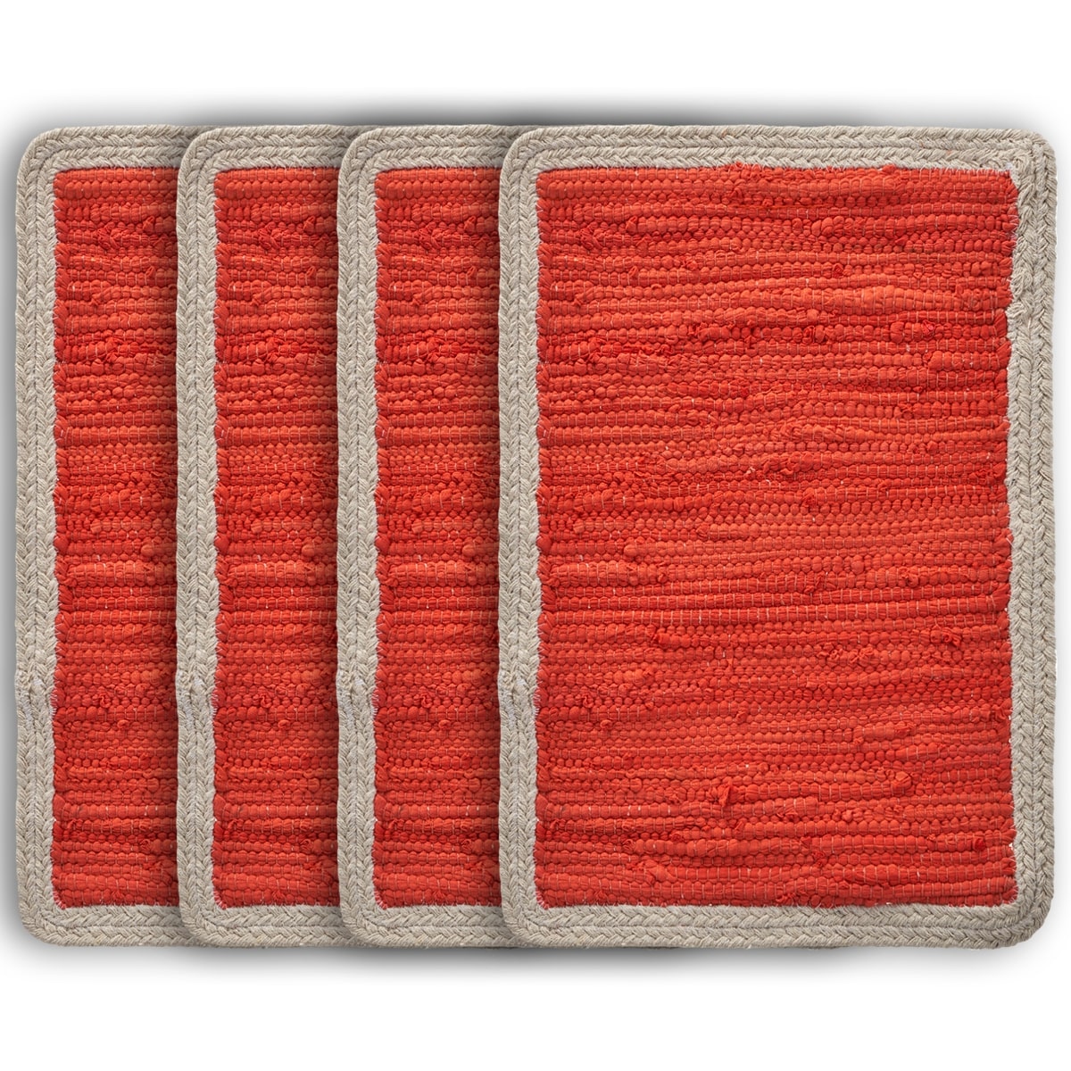 19" Set of Four Orange And Natural Solid With Border Cotton Placemats - Loft&Timber