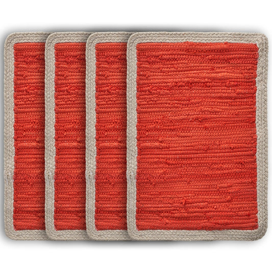 19" Set of Four Orange And Natural Solid With Border Cotton Placemats - Loft&Timber