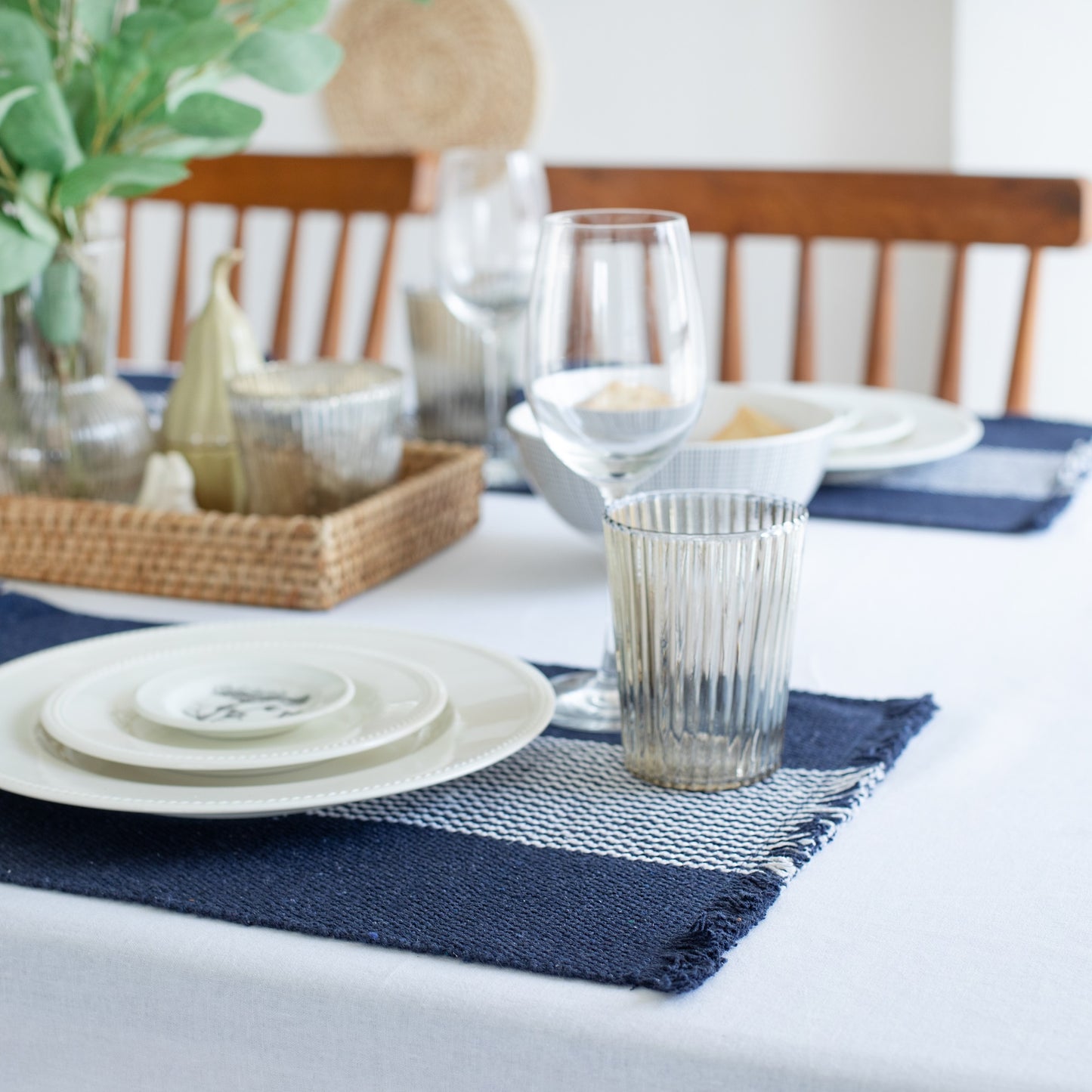 19" Set of Four Navy Blue And White Striped Cotton Placemats - Loft&Timber