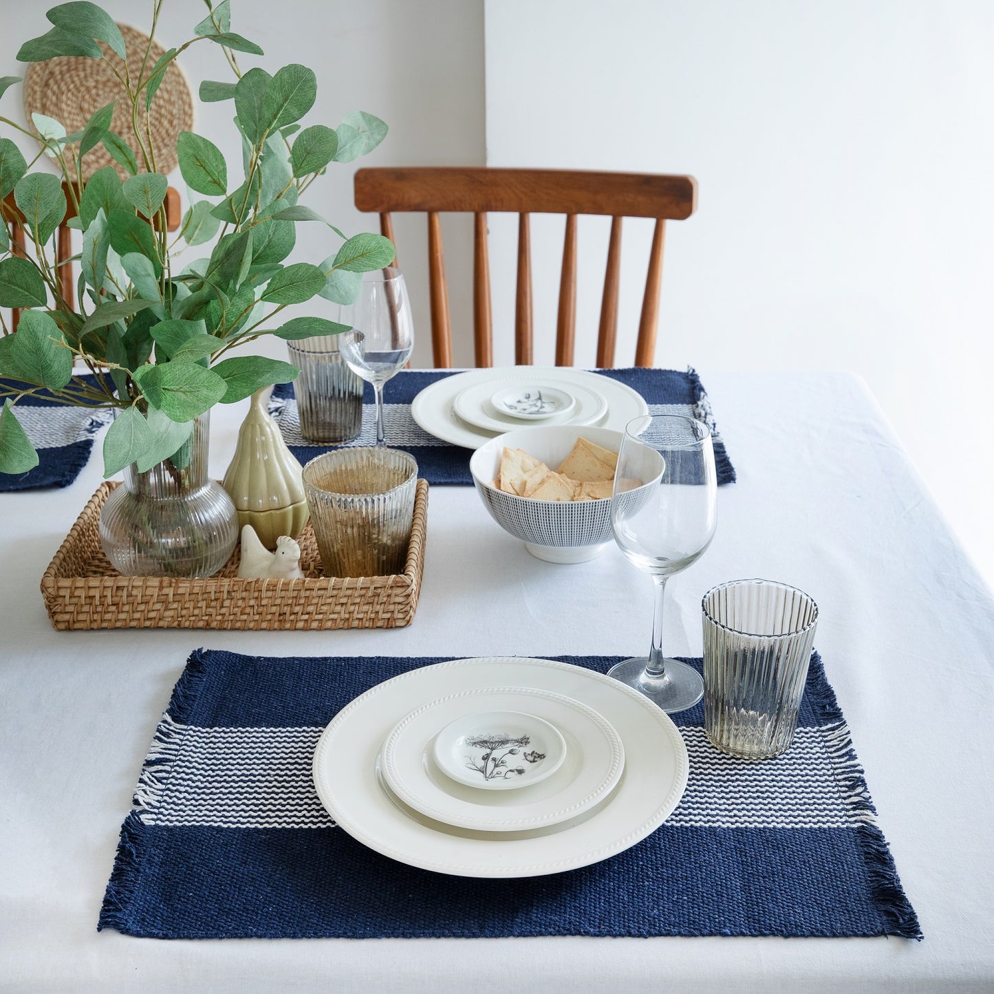 19" Set of Four Navy Blue And White Striped Cotton Placemats - Loft&Timber