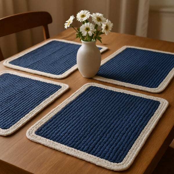 19" Set of Four Navy Blue And Natural Solid With Border Cotton Placemats-0
