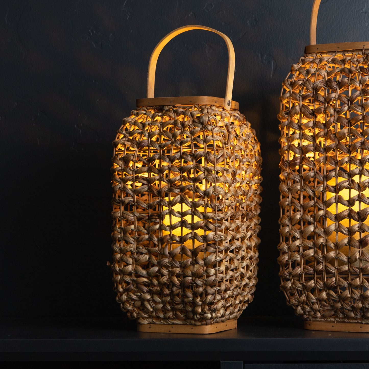 16" Natural Distressed Woven Glass And Wicker Floor Lantern Candle Holder - Loft&Timber