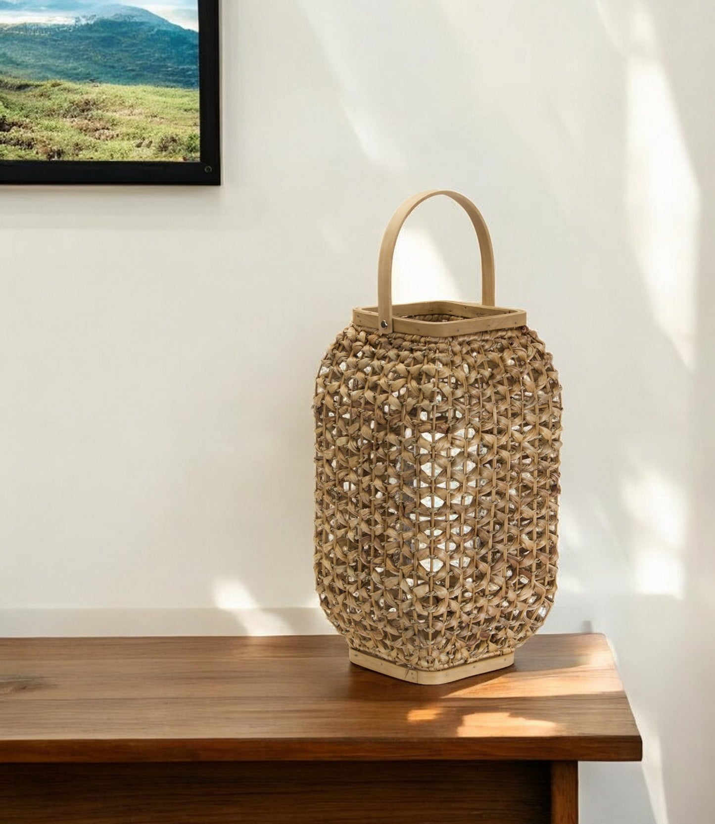 16" Natural Distressed Woven Glass And Wicker Floor Lantern Candle Holder - Loft&Timber