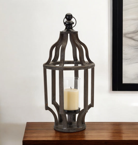 23" Black Geometric Wood And Glass Tabletop Lantern Candle Holder - Loft&Timber