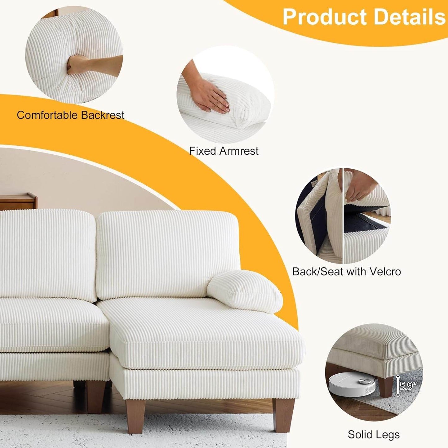 Sectional Couches for Living Room (Corduroy, Dark Green) - Loft&Timber