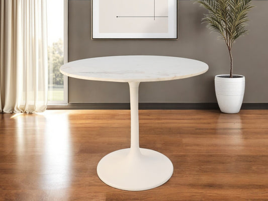 36" White Rounded Marble And Iron Pedestal Base Dining Table - Loft&Timber