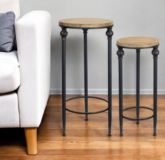 Set of Two 27" Black And Brown Round End Tables - Loft&Timber