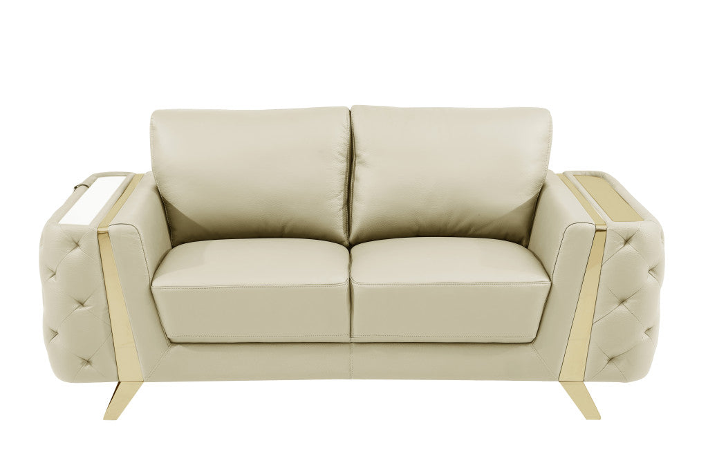 72" Beige And Gold Genuine Leather Loveseat - Loft&Timber