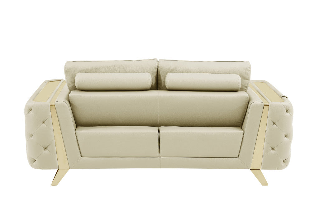72" Beige And Gold Genuine Leather Loveseat - Loft&Timber