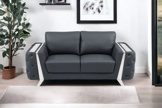 72" Dark Gray And Silver Genuine Leather Loveseat - Loft&Timber