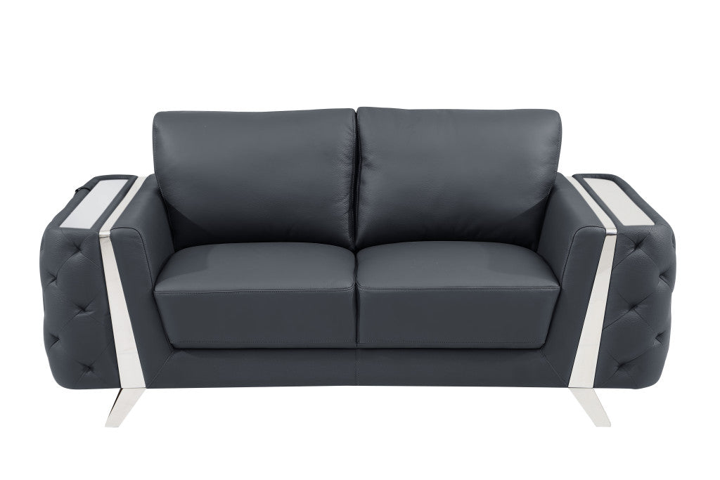 72" Dark Gray And Silver Genuine Leather Loveseat - Loft&Timber