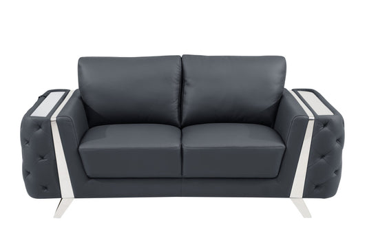 72" Dark Gray And Silver Genuine Leather Loveseat - Loft&Timber