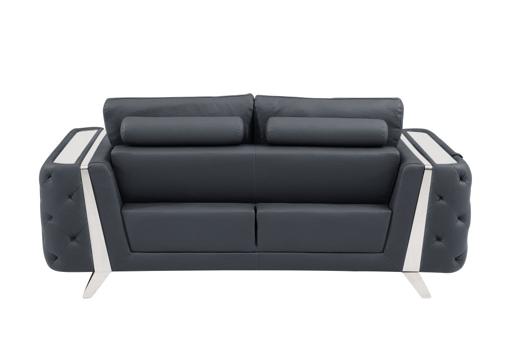 72" Dark Gray And Silver Genuine Leather Loveseat - Loft&Timber