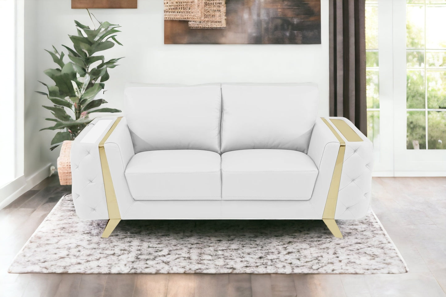 72" White And Gold Genuine Leather Loveseat - Loft&Timber