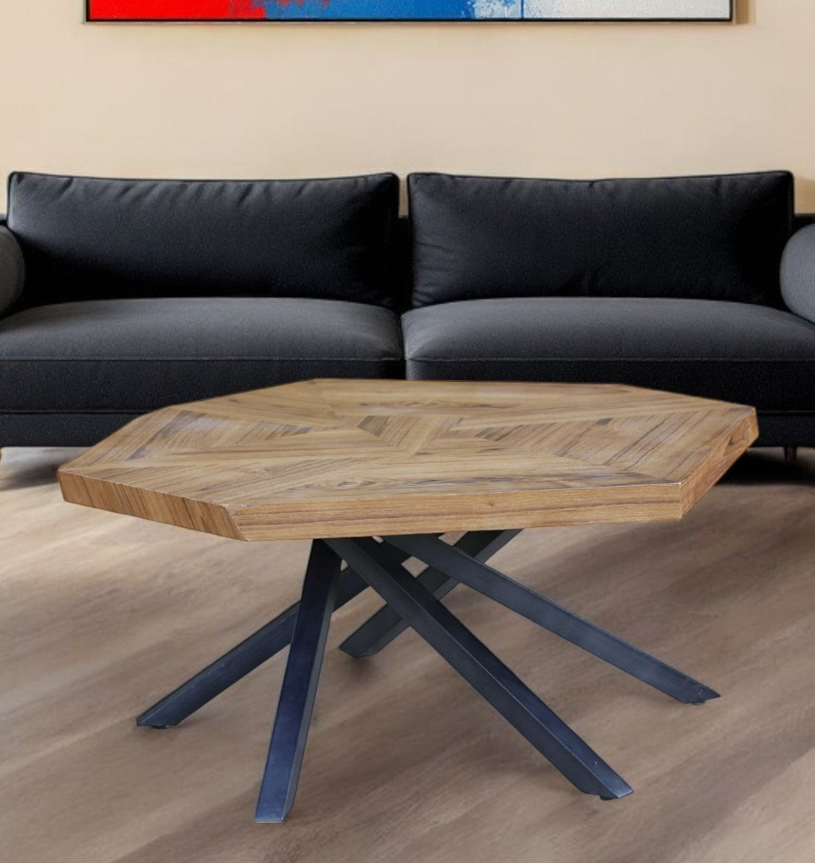42" Brown And Black Wood And Iron Free Form Coffee Table - Loft&Timber