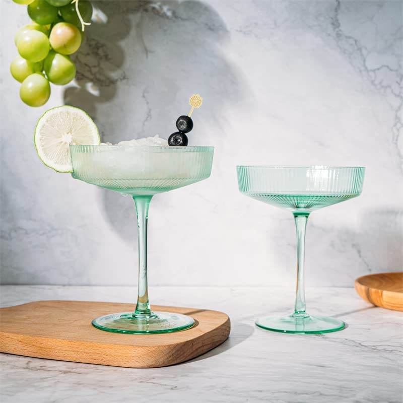 Ribbed Coupe Cocktail Glasses 8 oz | Set of 2 | Classic Manhattan Glasses For Cocktails, Champagne Coupe, Ripple Coupe Glasses, Art Deco Gatsby Vintage, Crystal with Stems (Green, Set of 2) - Loft&Timber