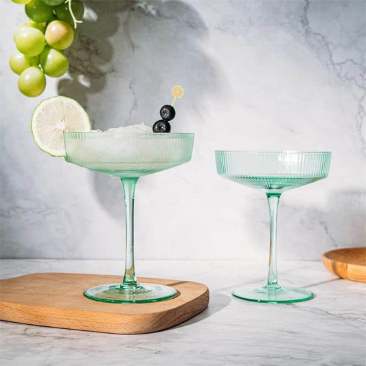 Ribbed Coupe Cocktail Glasses 8 oz | Set of 2 | Classic Manhattan Glasses For Cocktails, Champagne Coupe, Ripple Coupe Glasses, Art Deco Gatsby Vintage, Crystal with Stems (Green, Set of 2) - Loft&Timber