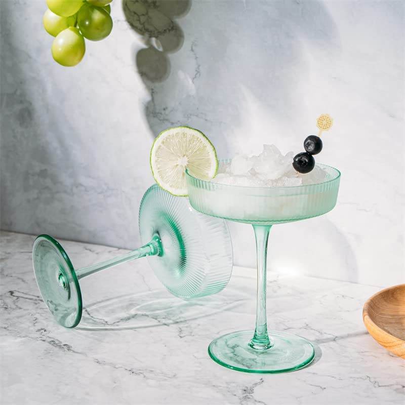 Ribbed Coupe Cocktail Glasses 8 oz | Set of 2 | Classic Manhattan Glasses For Cocktails, Champagne Coupe, Ripple Coupe Glasses, Art Deco Gatsby Vintage, Crystal with Stems (Green, Set of 2) - Loft&Timber