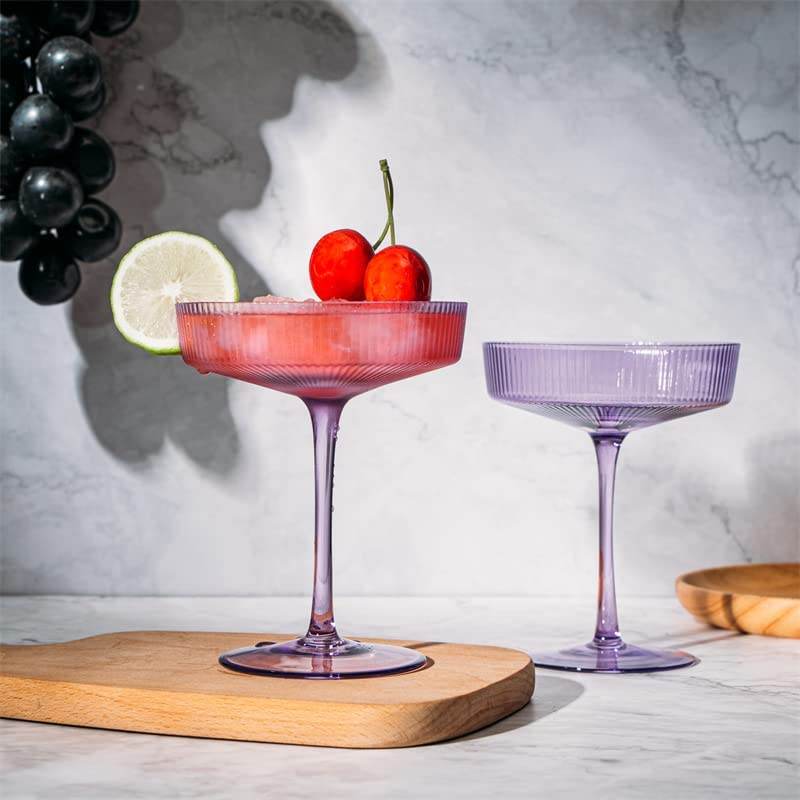 Ribbed Coupe Cocktail Glasses 8 oz | Set of 2 | Classic Manhattan Glasses For Cocktails, Champagne Coupe, Ripple Coupe Glasses, Art Deco Gatsby Vintage, Crystal with Stems (Lavender, Set of 2) - Loft&Timber