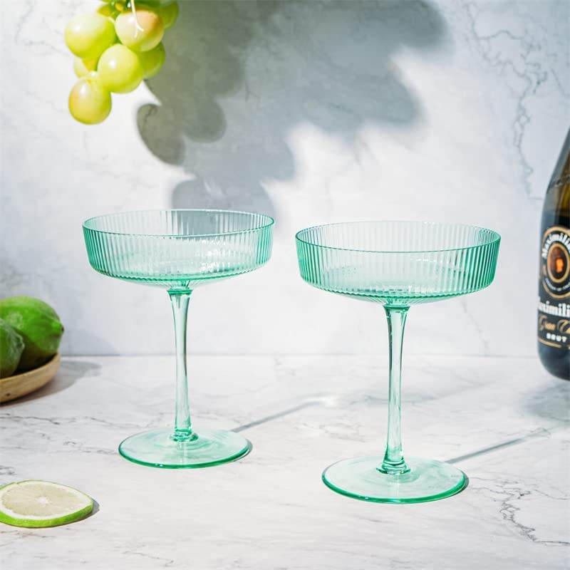 Ribbed Coupe Cocktail Glasses 8 oz | Set of 2 | Classic Manhattan Glasses For Cocktails, Champagne Coupe, Ripple Coupe Glasses, Art Deco Gatsby Vintage, Crystal with Stems (Green, Set of 2) - Loft&Timber