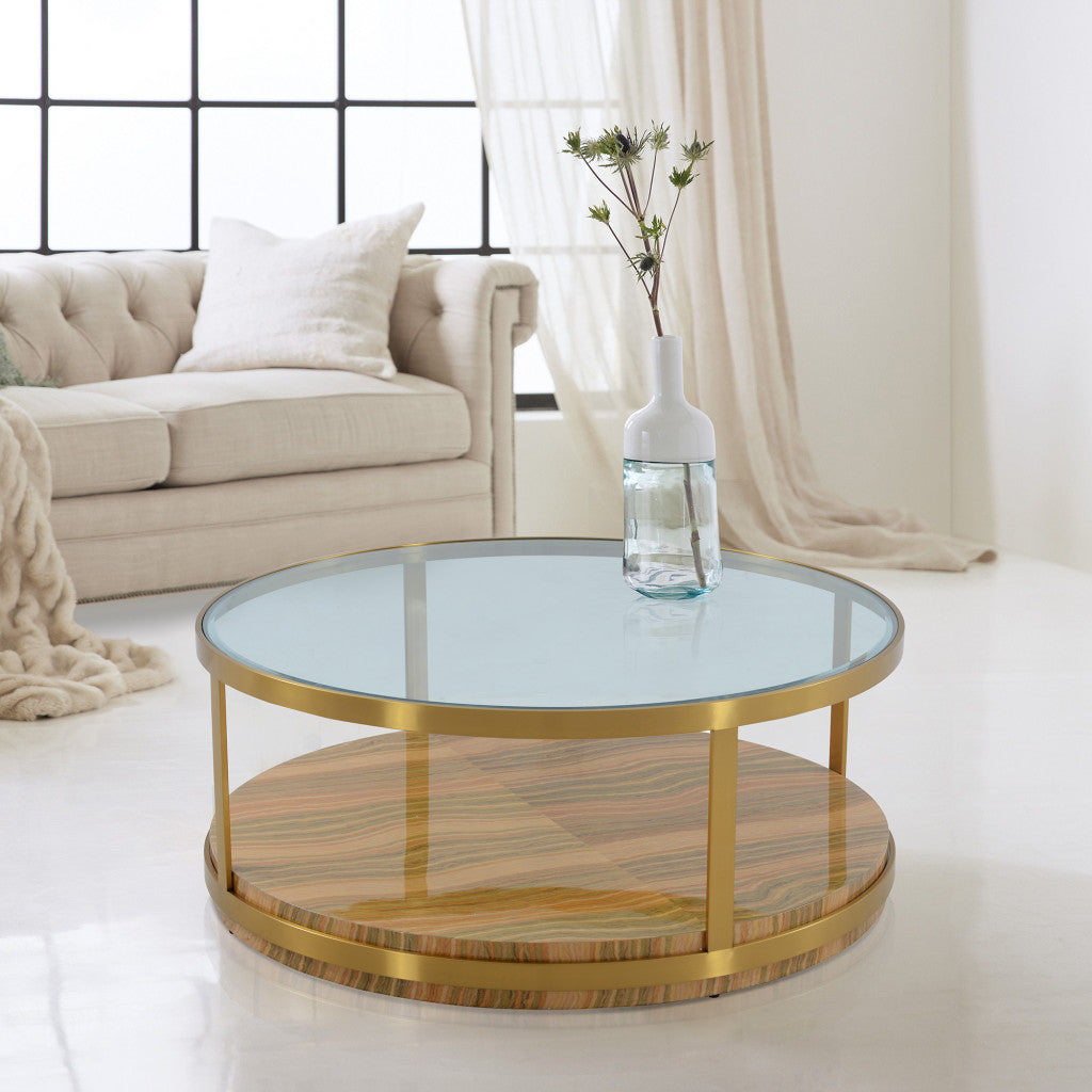 43" Clear Gold And Brown Glass Wood and Metal Round Coffee Table With Shelf - Loft&Timber