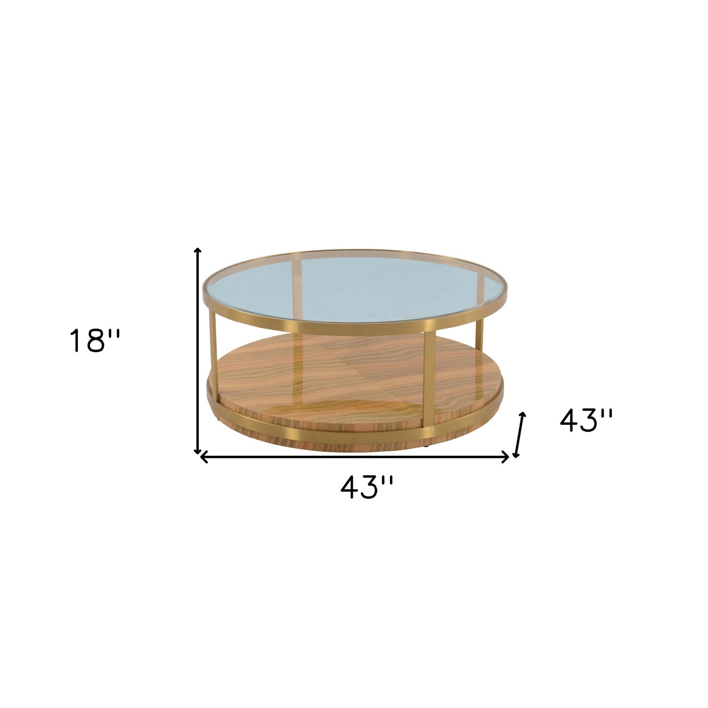 43" Clear Gold And Brown Glass Wood and Metal Round Coffee Table With Shelf - Loft&Timber