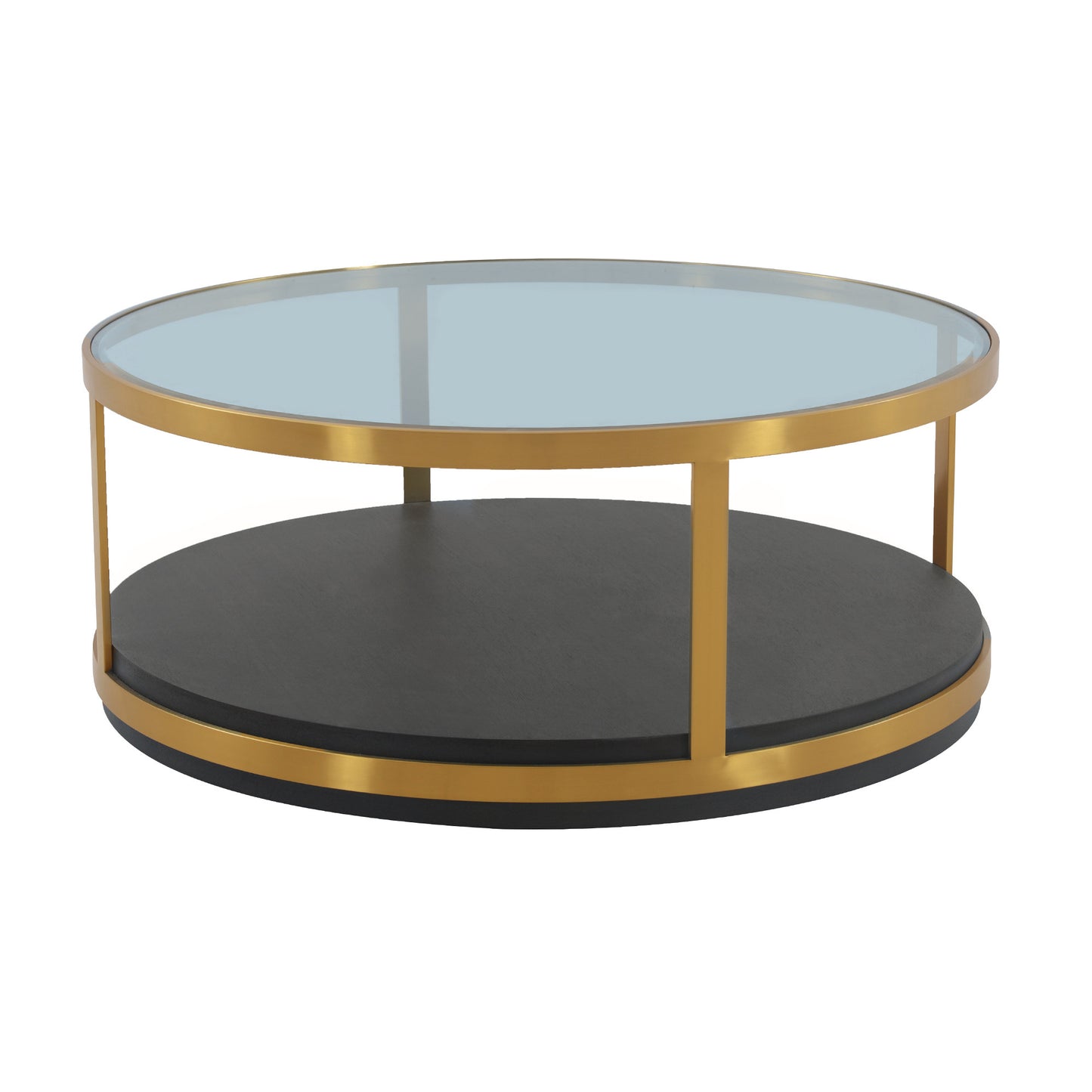 43" Clear And Black Gold Glass And Solid Wood and Metal Round Coffee Table With Shelf - Loft&Timber
