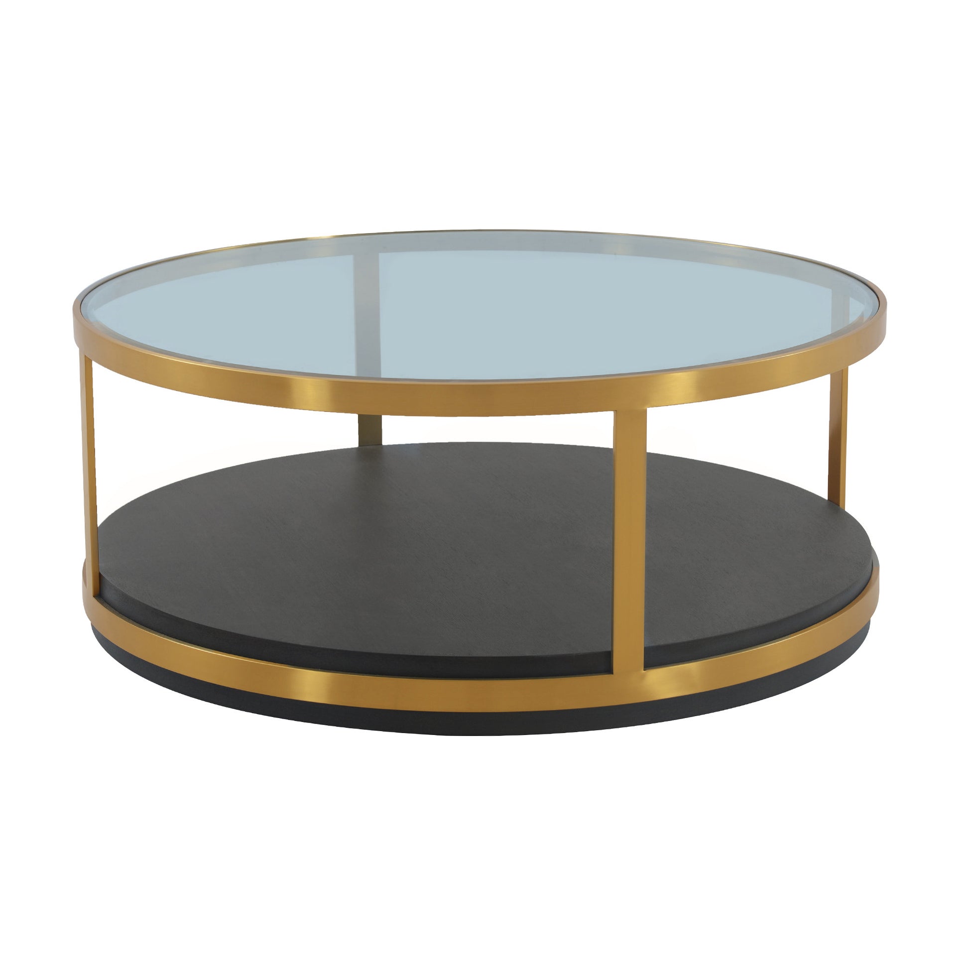 43" Clear And Black Gold Glass And Solid Wood and Metal Round Coffee Table With Shelf - Loft&Timber