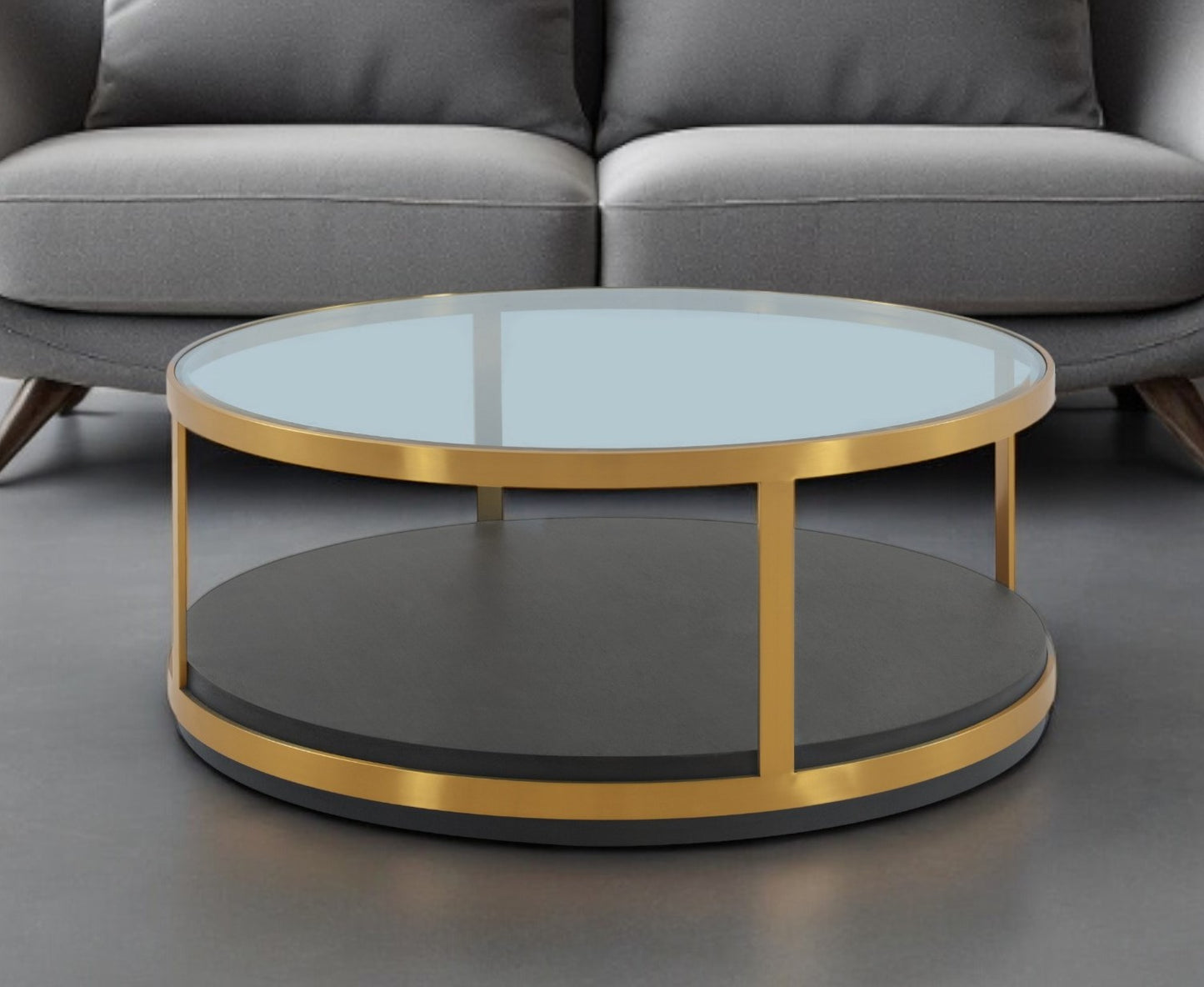 43" Clear And Black Gold Glass And Solid Wood and Metal Round Coffee Table With Shelf - Loft&Timber