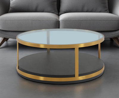 43" Clear And Black Gold Glass And Solid Wood and Metal Round Coffee Table With Shelf - Loft&Timber