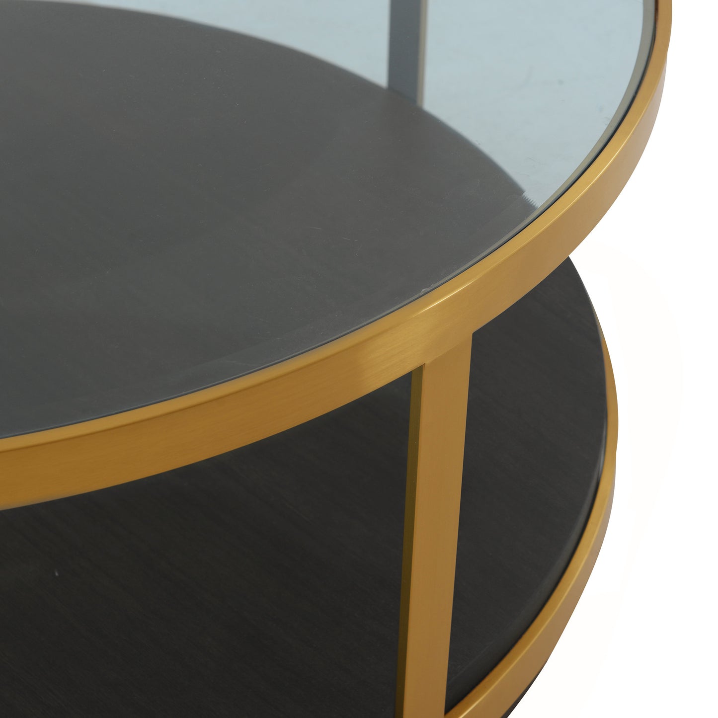 43" Clear And Black Gold Glass And Solid Wood and Metal Round Coffee Table With Shelf - Loft&Timber